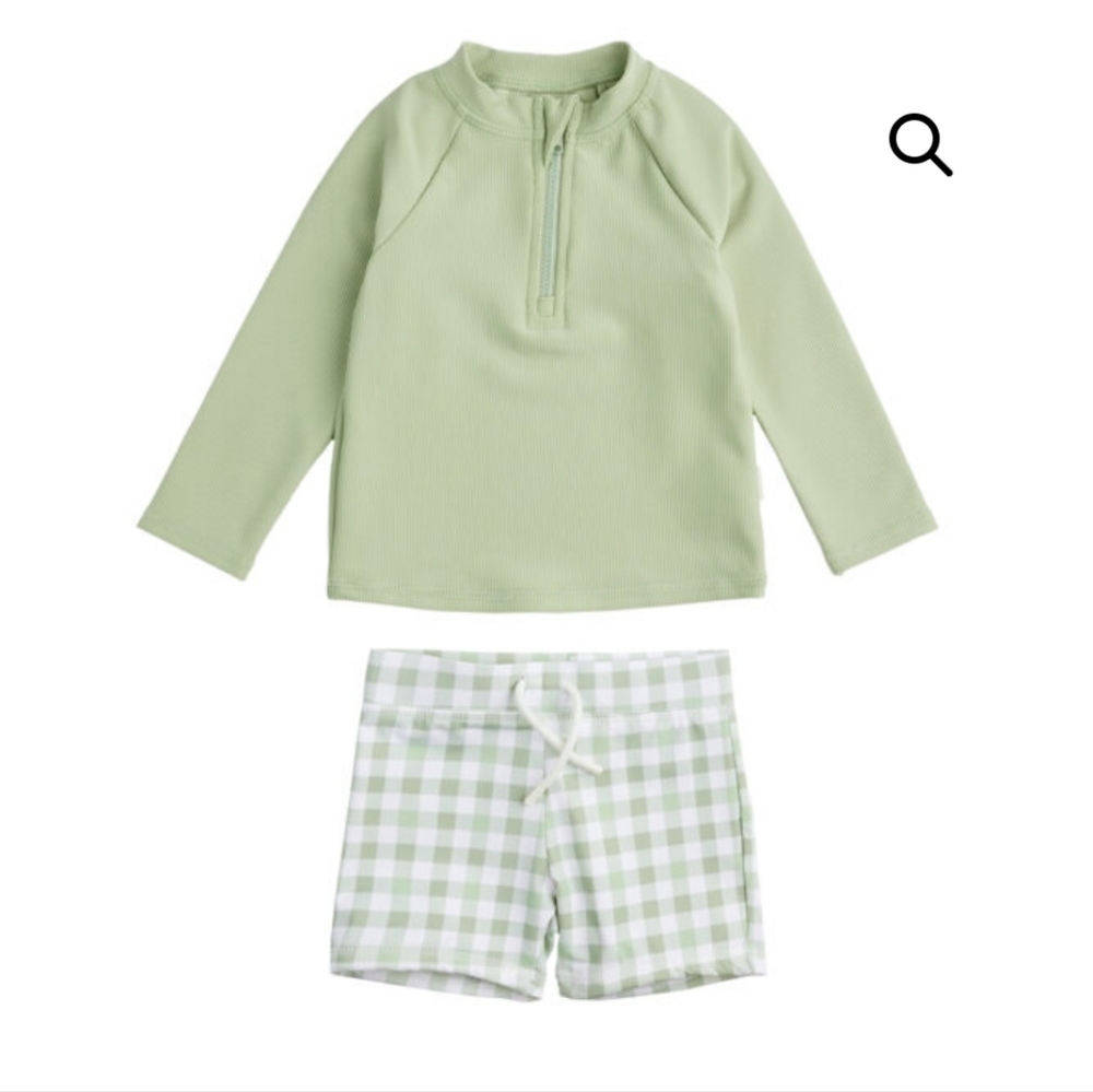Petit Lem Ribbed Green Rashguard and Checkered Shorts Swim Set